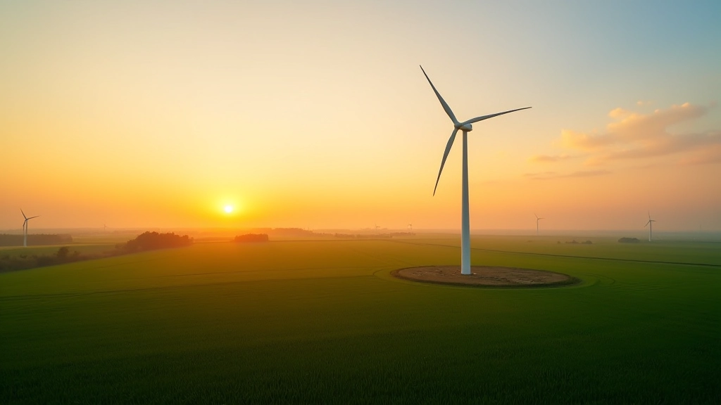 Vēja elektrostacija uz lauka ar zaļiem tīkliem un modernu turbīnu dizainu
