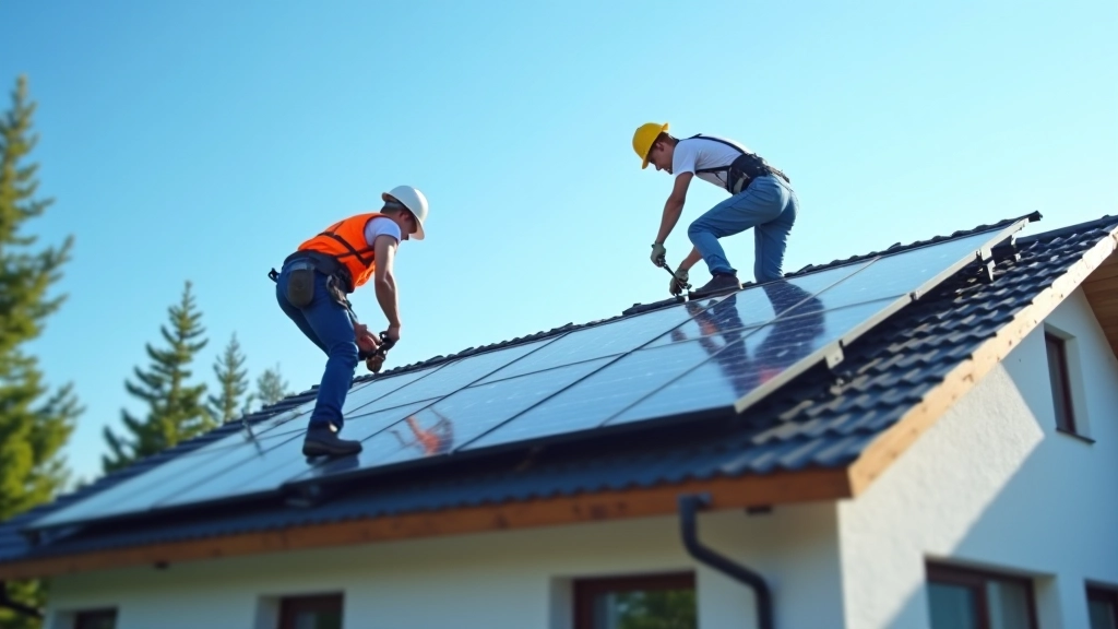 Instalatori darbojas uz mājas jumta, uzstādot saules paneļus