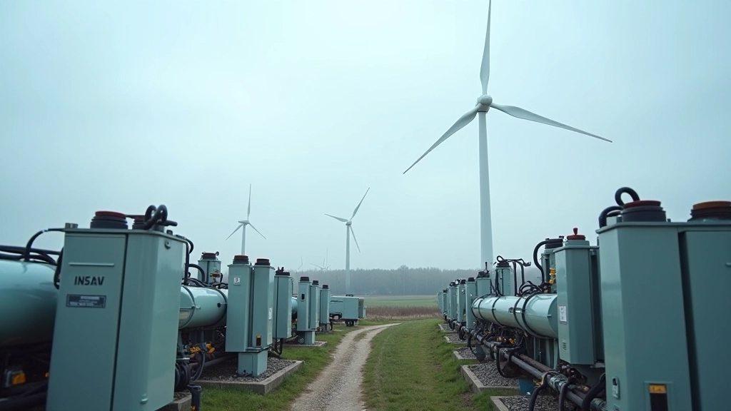 Vēja turbīnas parka attēls ar dažādiem skati uz tehniski sarežģītiem komponentiem un elektriskiem vadiem